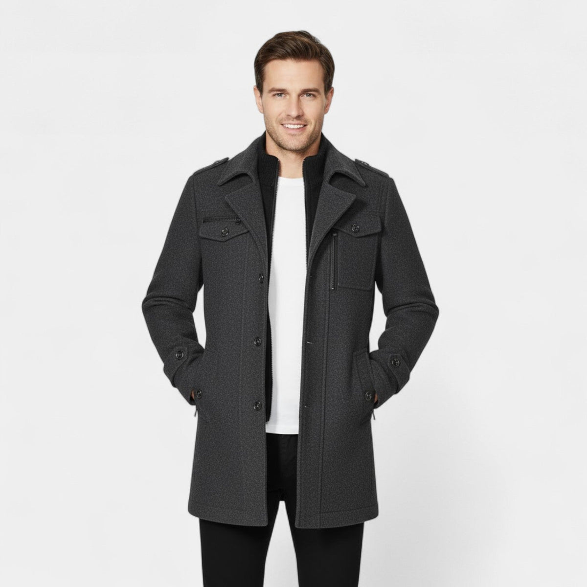Men's Mid-Length Wool Coat – Double Collar, Quilted Lining