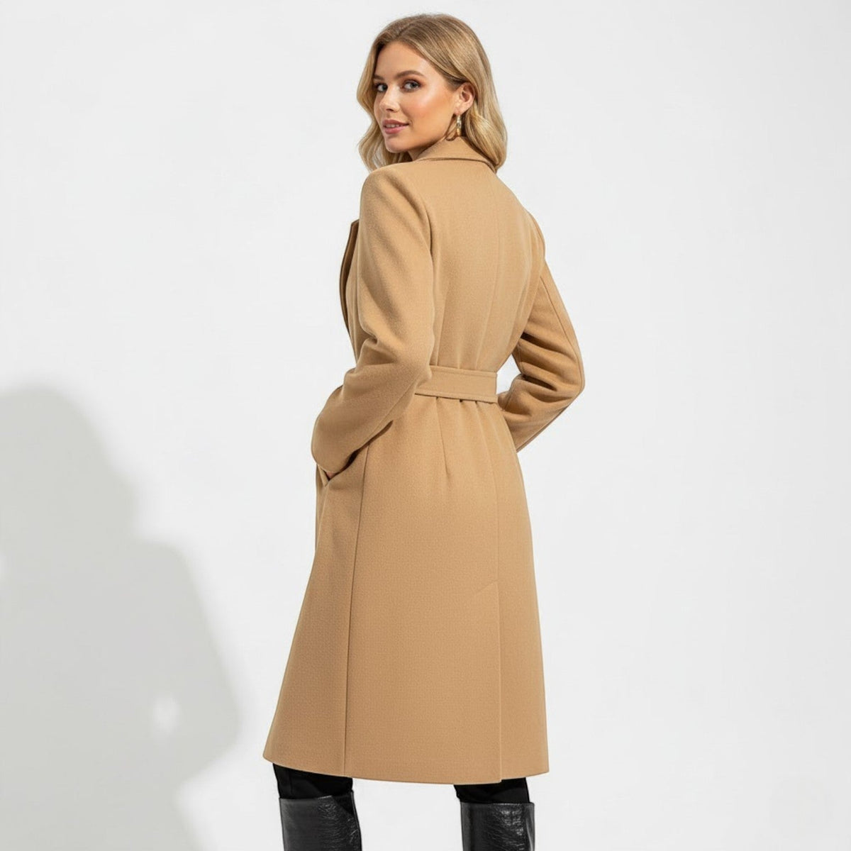 Women's Long Wool Blend Coat – Lace Belt at the Waist