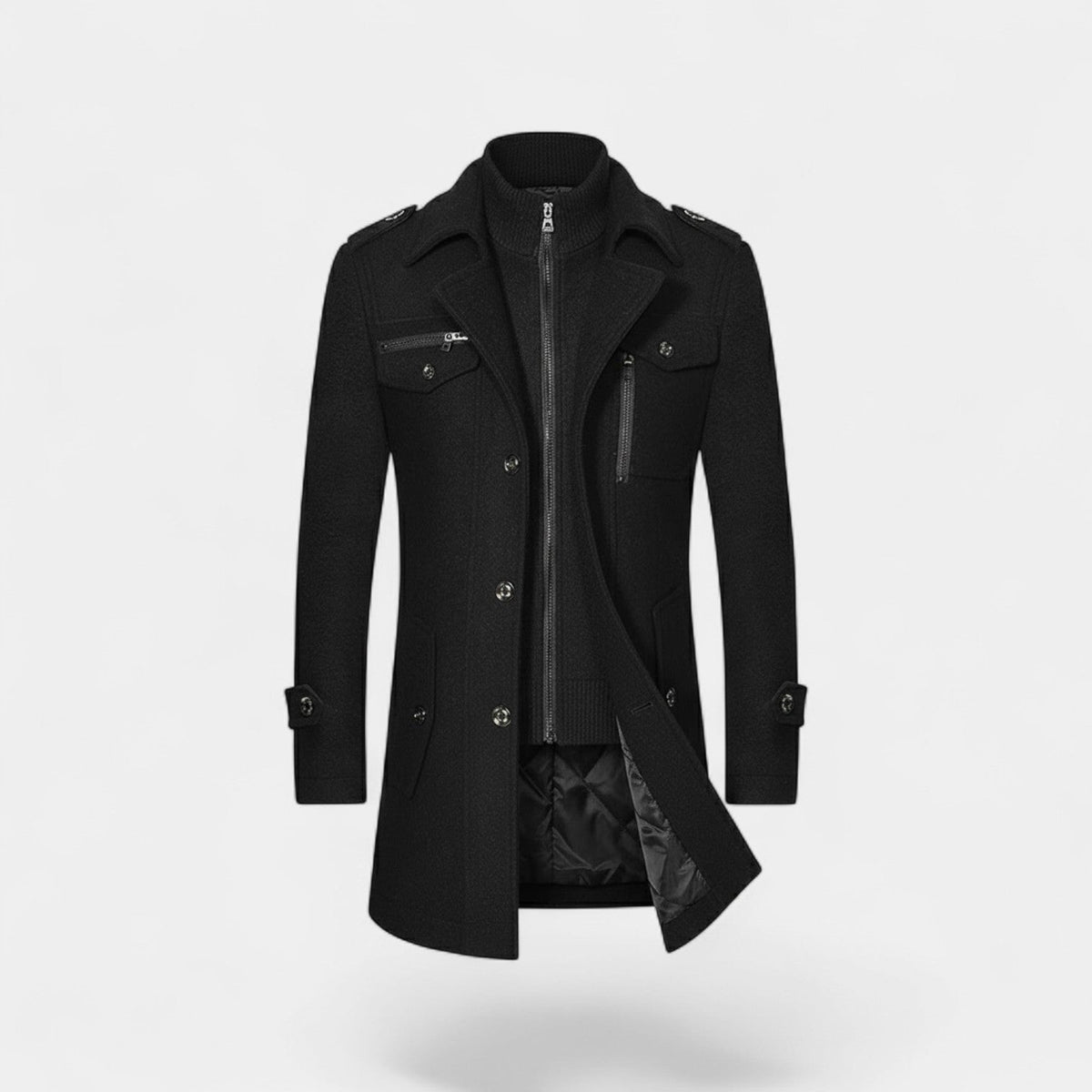 Men's Mid-Length Wool Coat – Double Collar, Quilted Lining