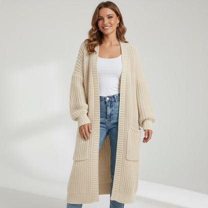Women's Longline Knitted Cardigan – Open Front Mid Calf