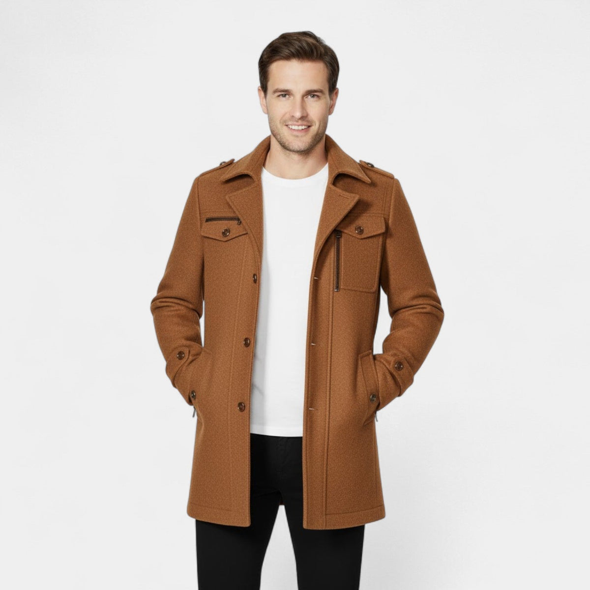 Men's Mid-Length Wool Coat – Double Collar, Quilted Lining