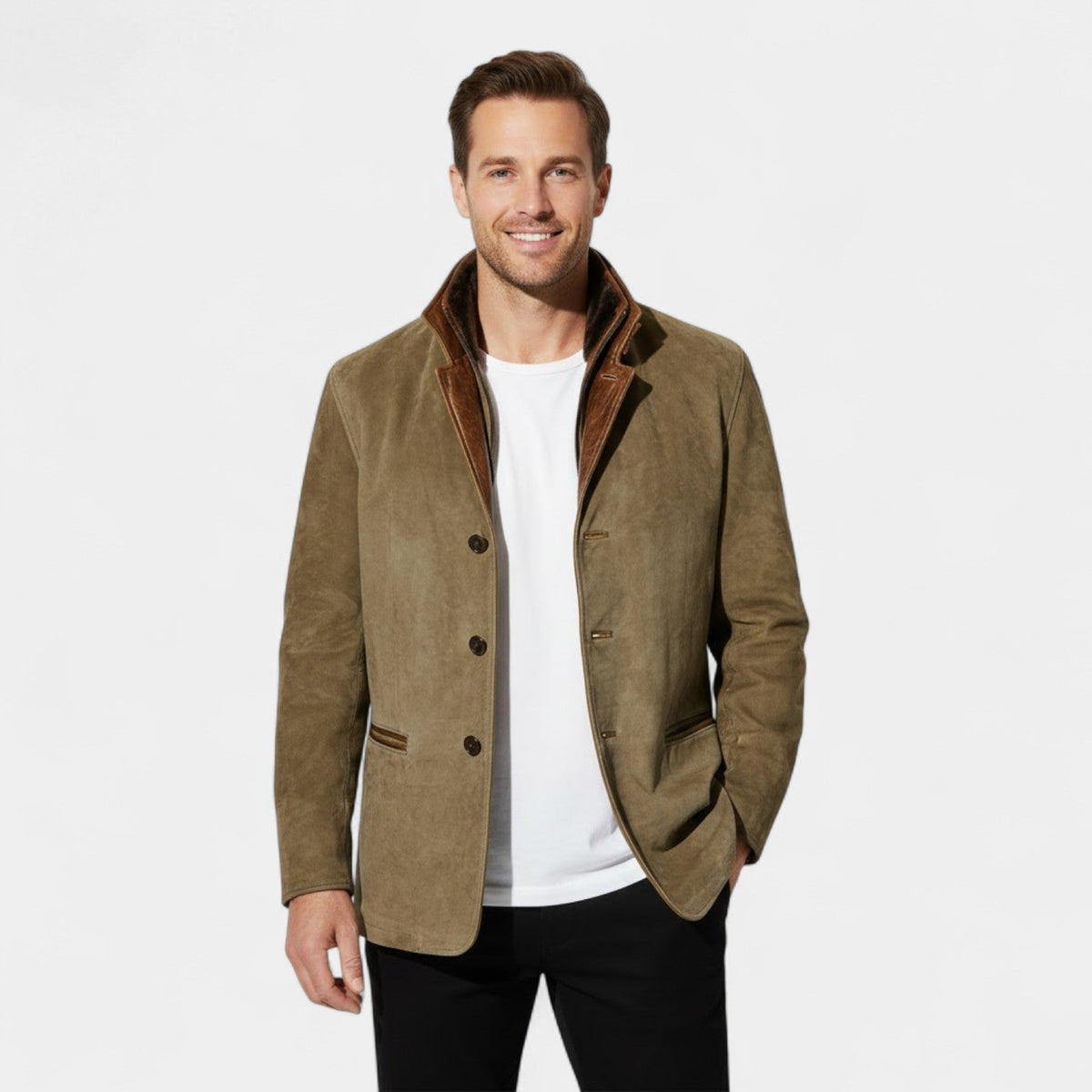Men's Vintage Suede Jacket – Leather Trim Collar