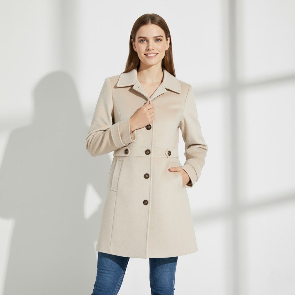 Women's Wool Blend Winter Coat – Mid Length Lapel Collar
