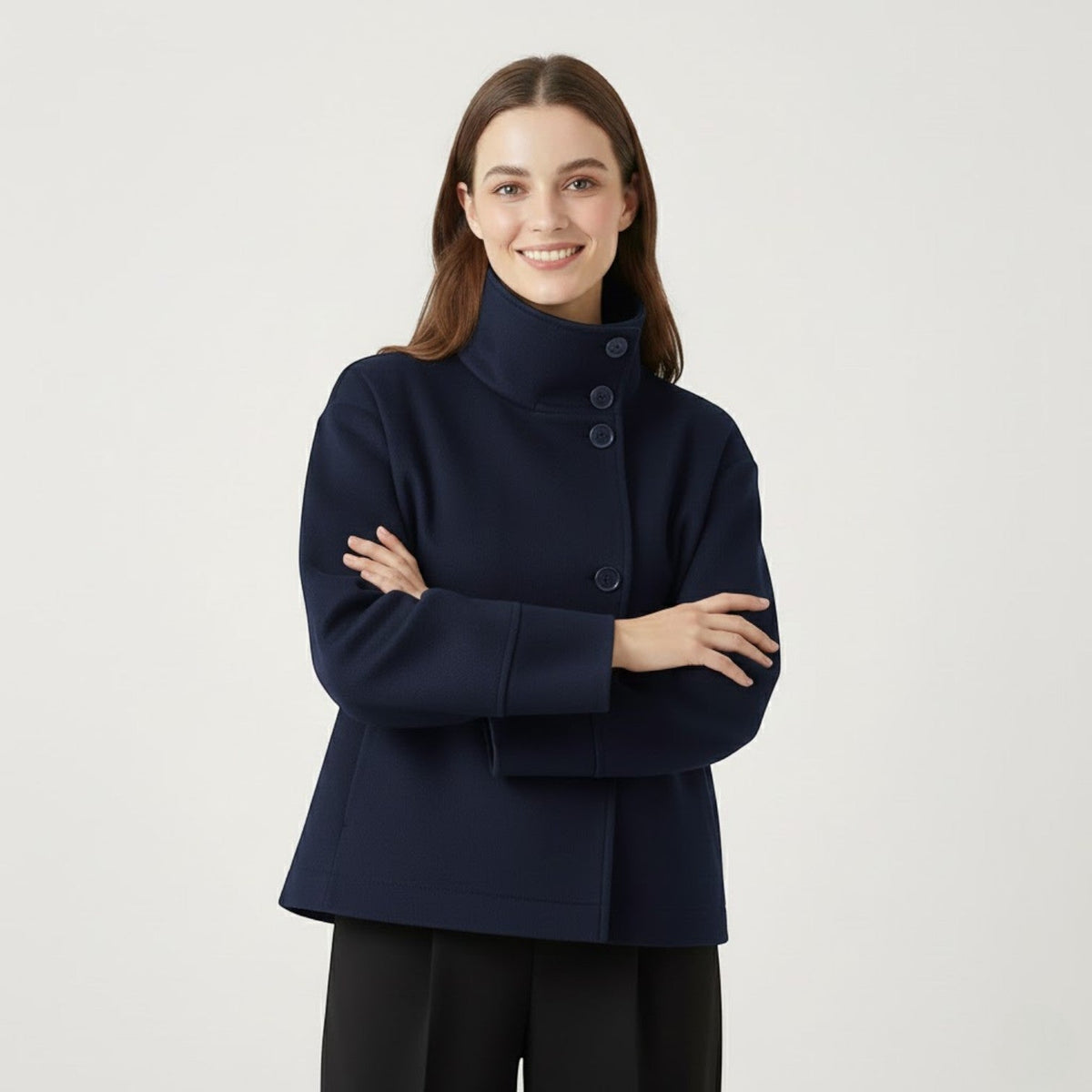 Women's Wool Blend Coat – Stand Collar Relaxed Fit