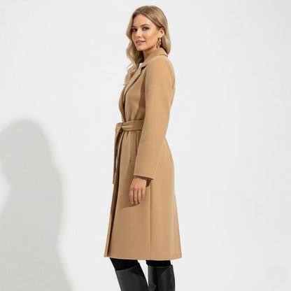 Women's Long Wool Blend Coat – Lace Belt at the Waist