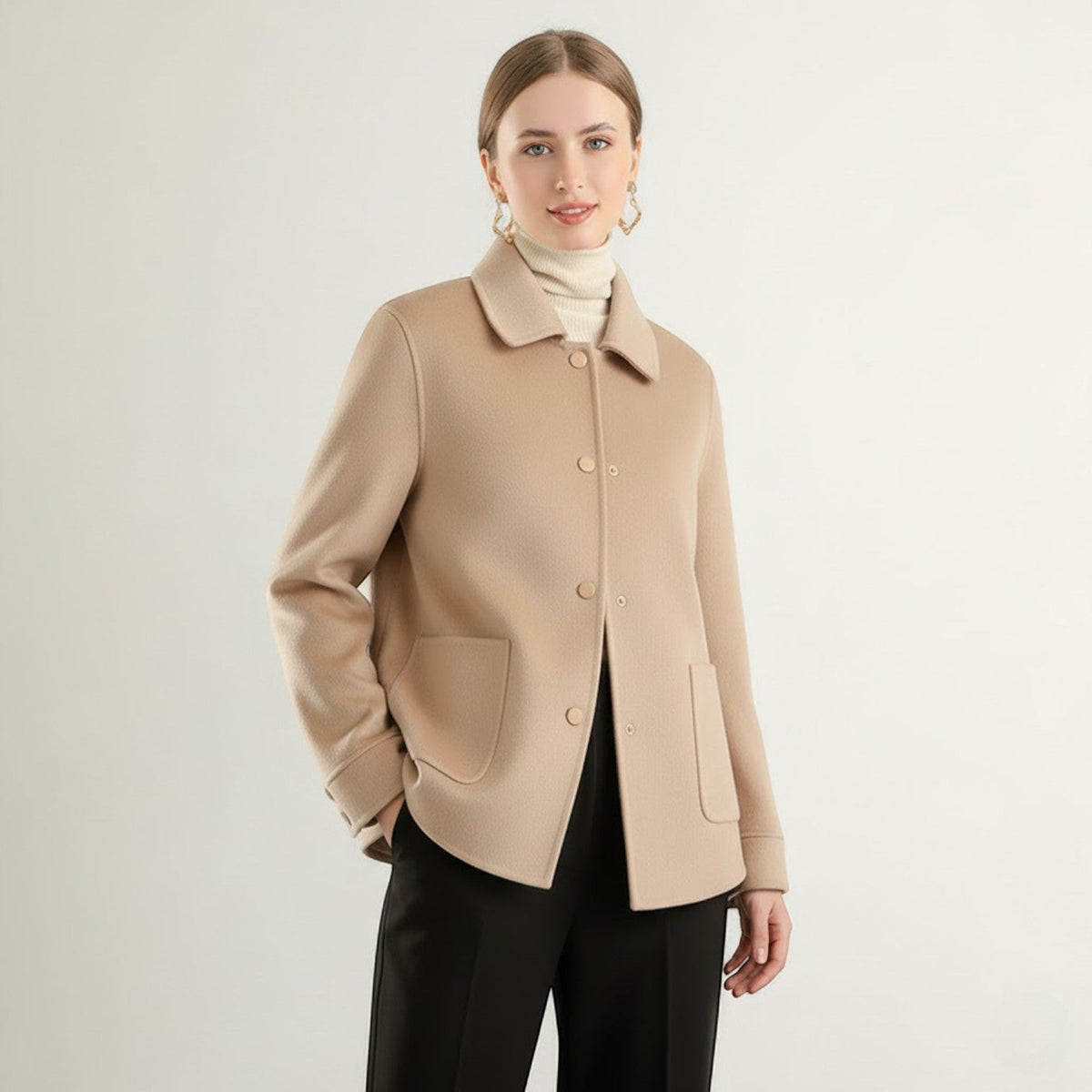 Women's Wool Winter Coat – Wide Polo Collar, Fitted Cut