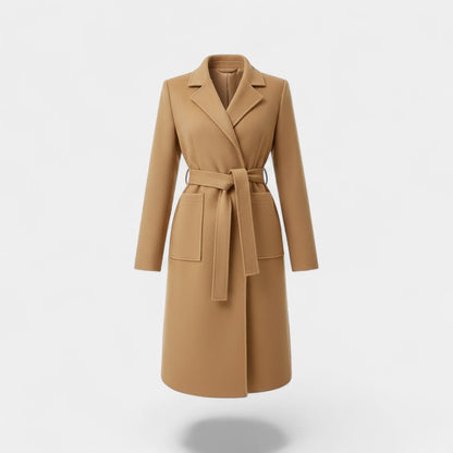 Women's Long Wool Blend Coat – Lace Belt at the Waist