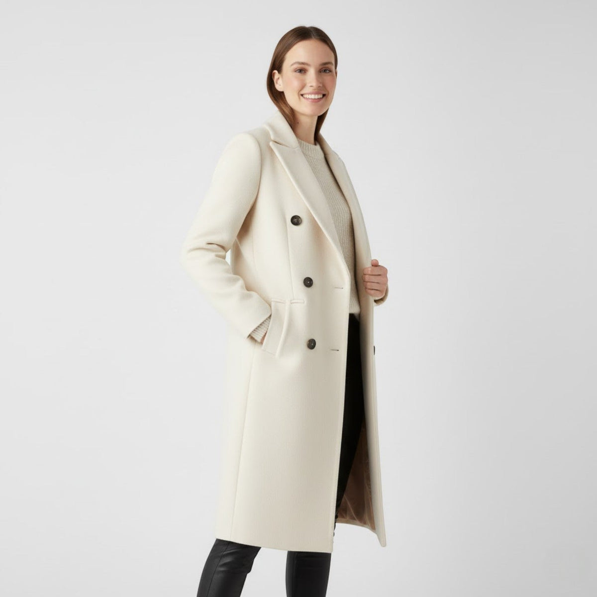 Women's Wool Blend Coat – Double Breasted Notched Lapels