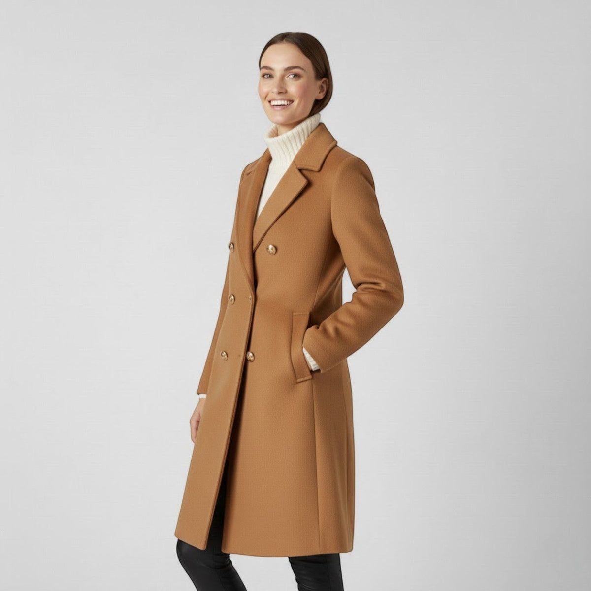 Women's Long Tweed Coat – Double Breasted with Buckle