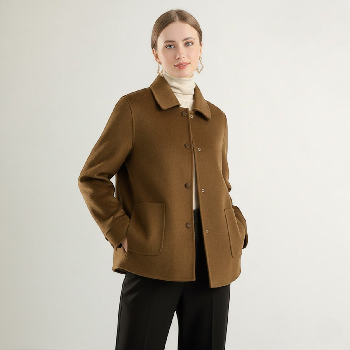 Women's Wool Winter Coat – Wide Polo Collar, Fitted Cut