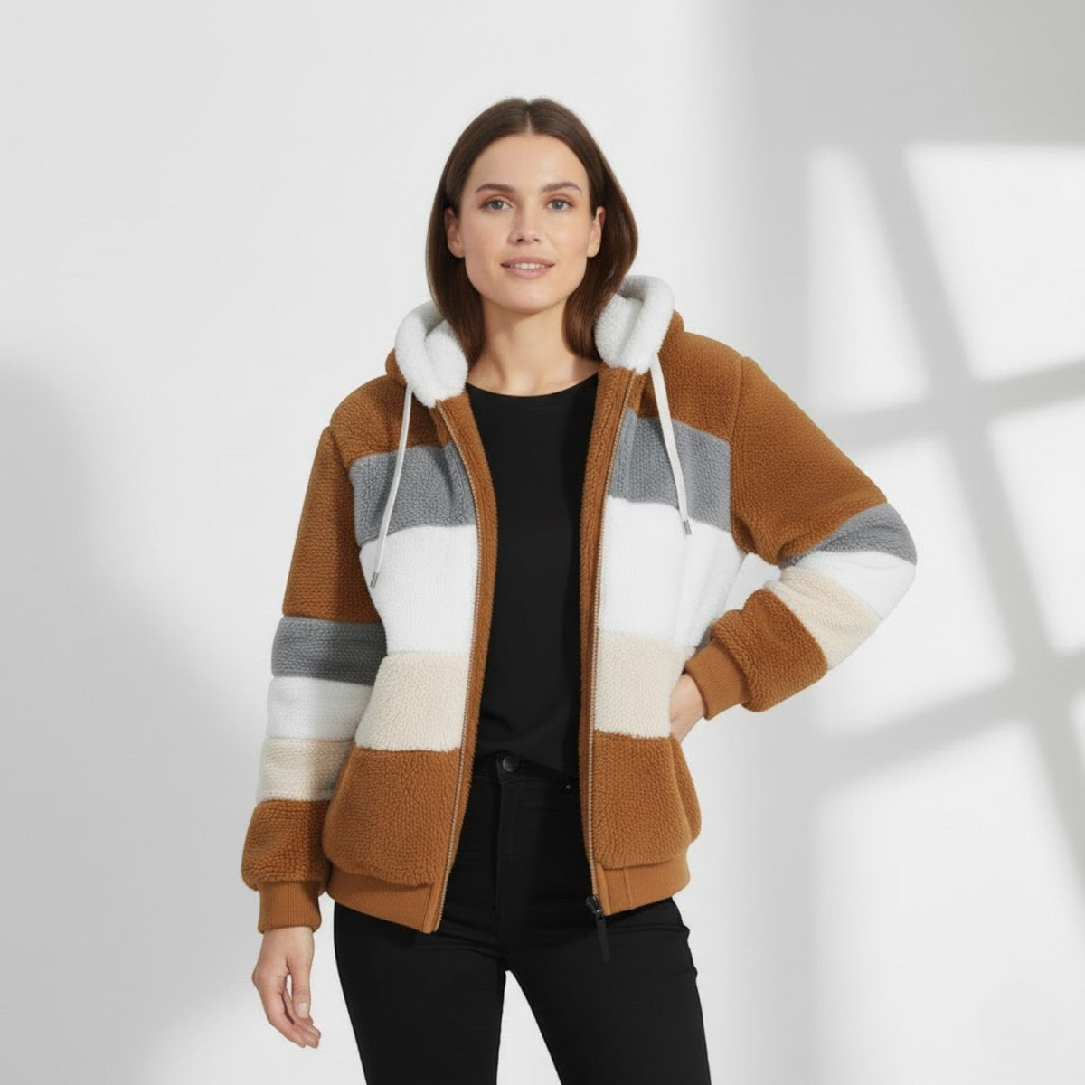 Women's Hooded Plush Coat – Multicoloured Mid Length