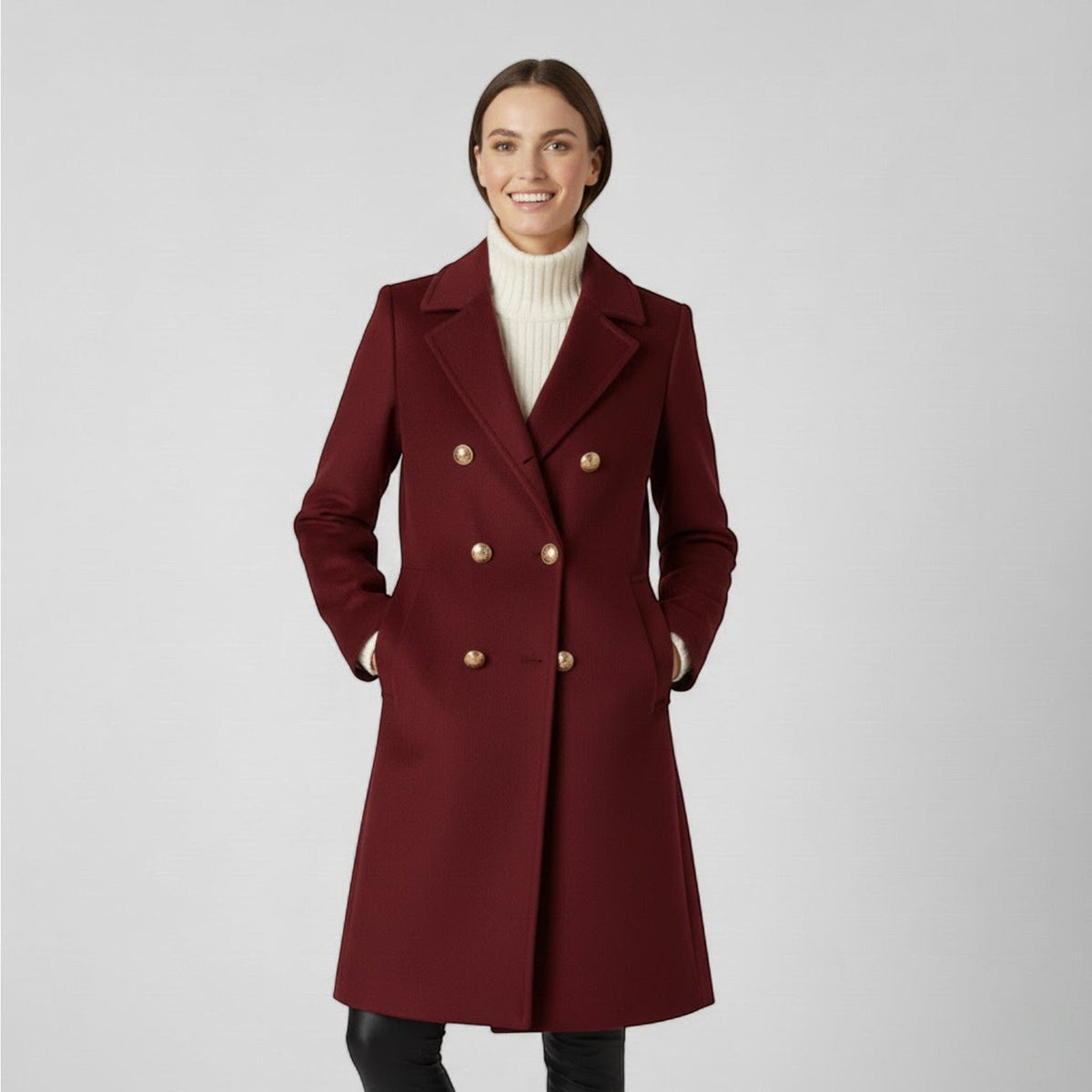 Women's Long Tweed Coat – Double Breasted with Buckle