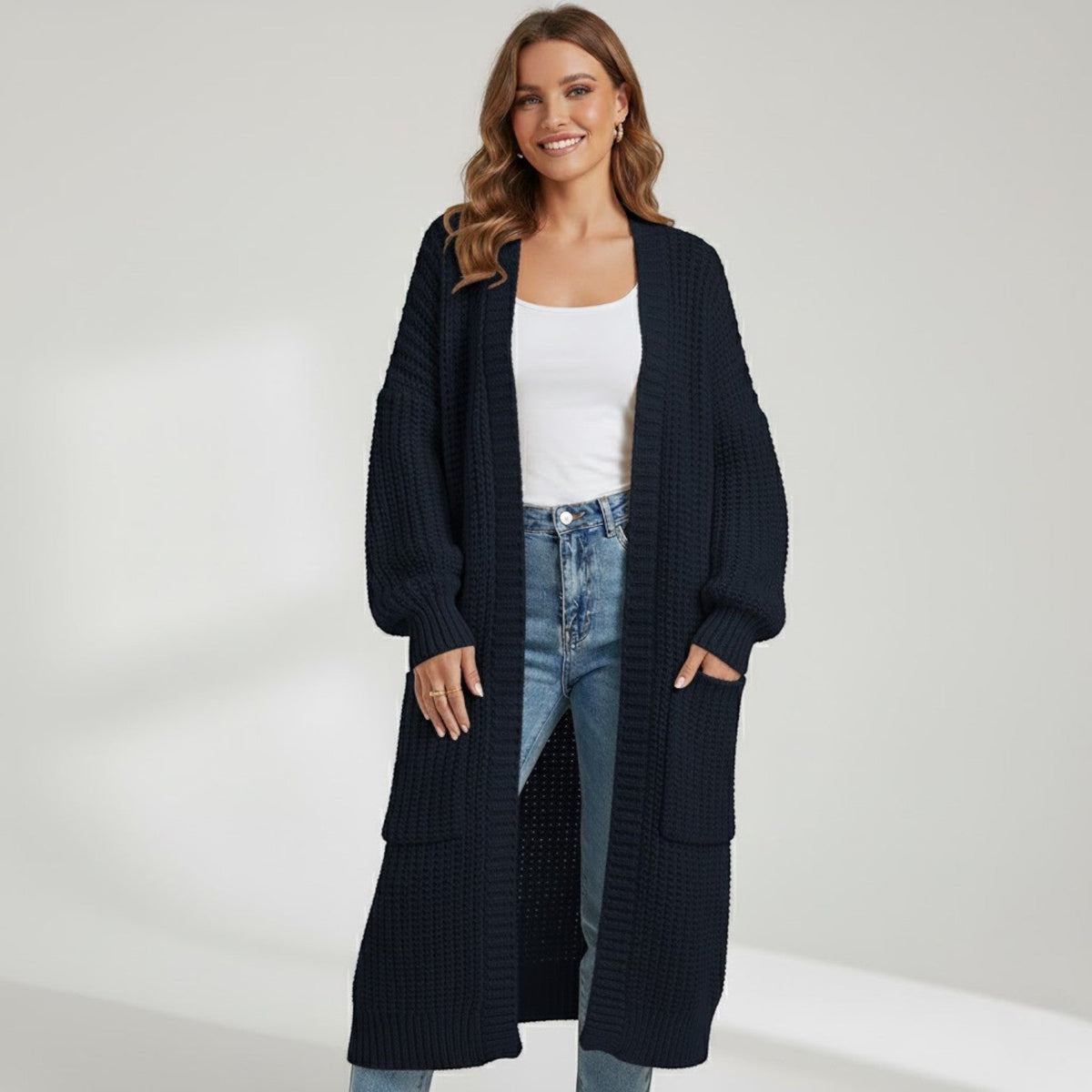 Women's Longline Knitted Cardigan – Open Front Mid Calf