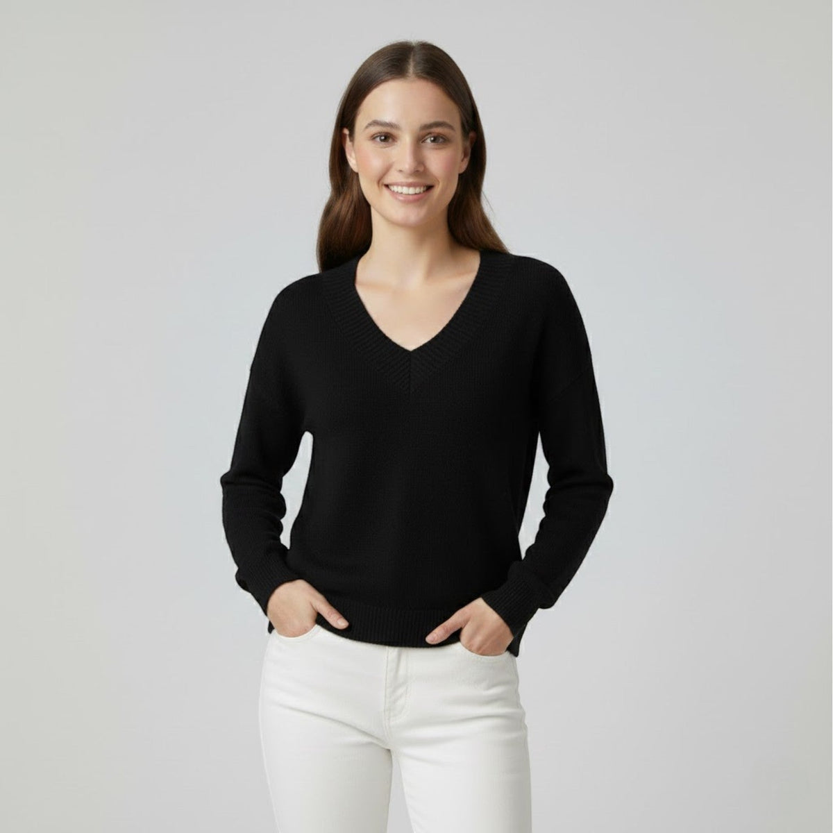 Women's Fine Knit V Neck Jumper – Relaxed Fluid Drape