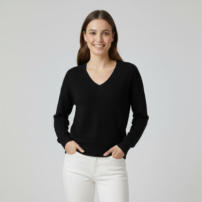 Women's Fine Knit V Neck Jumper – Relaxed Fluid Drape