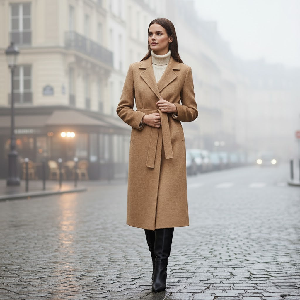 Women's Long Wool Blend Coat – Lace Belt at the Waist