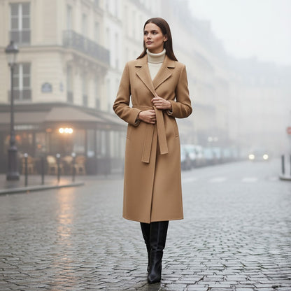 Women's Long Wool Blend Coat – Lace Belt at the Waist