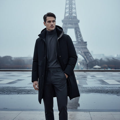 Men's Long Quilted Hooded Coat – Cotton Padded Warmth