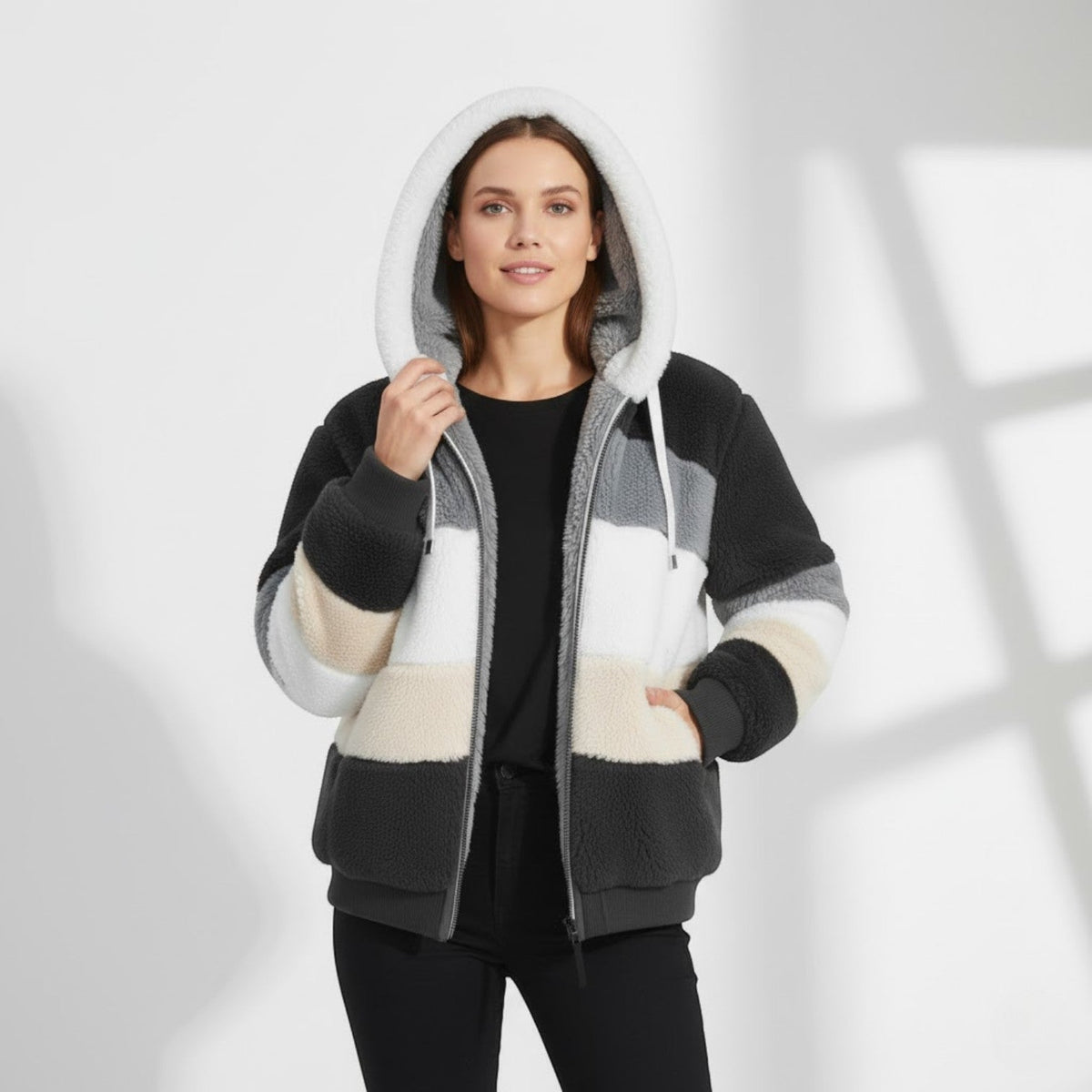 Women's Hooded Plush Coat – Multicoloured Mid Length