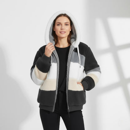 Women's Hooded Plush Coat – Multicoloured Mid Length