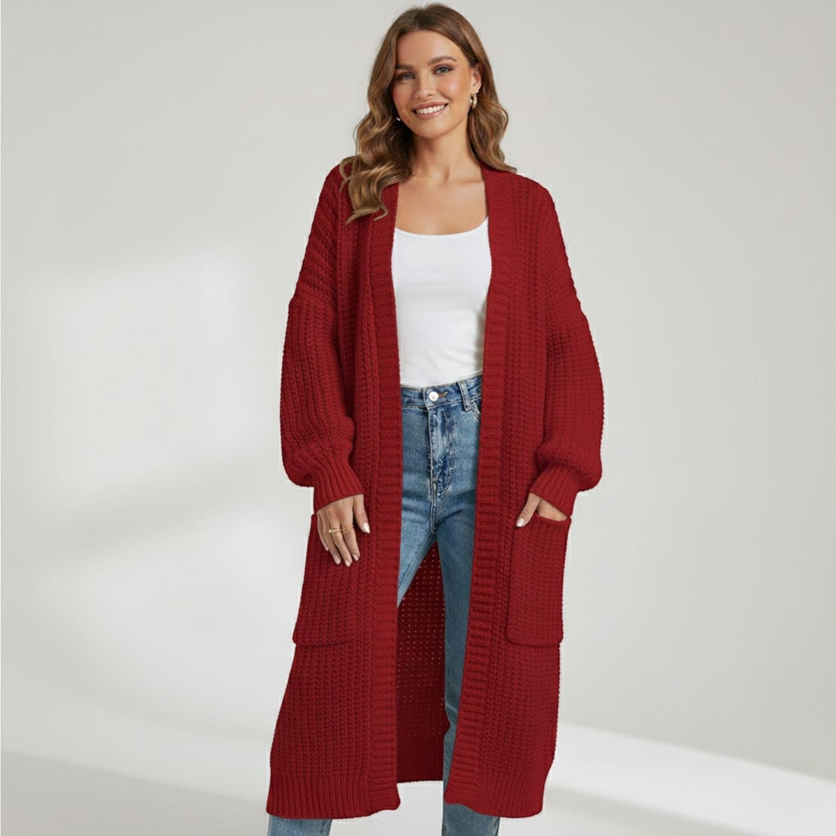 Women's Longline Knitted Cardigan – Open Front Mid Calf