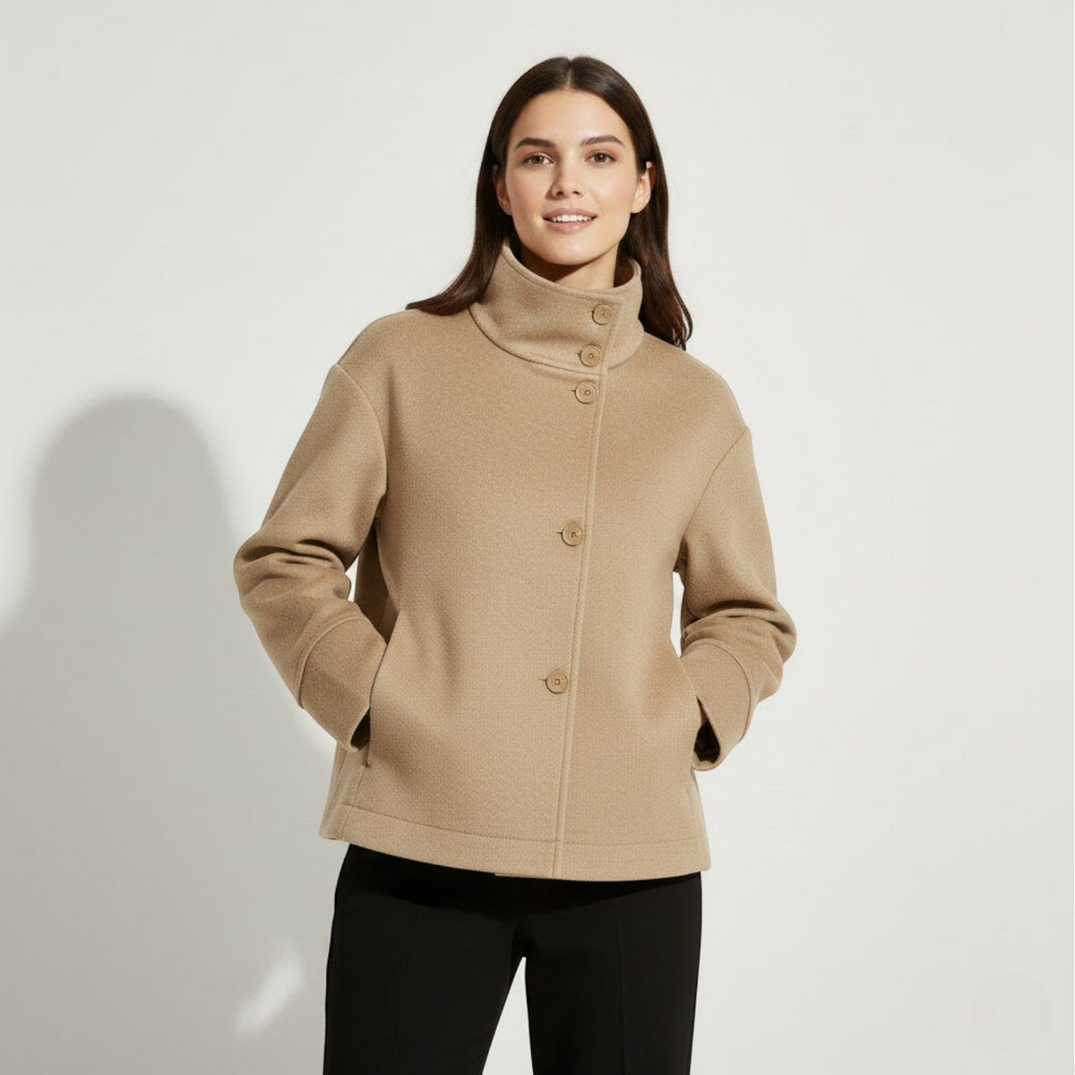 Women's Wool Blend Coat – Stand Collar Relaxed Fit