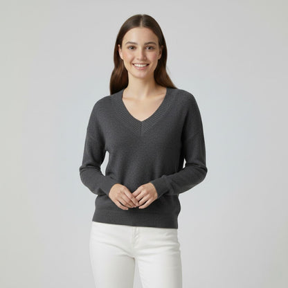 Women's Fine Knit V Neck Jumper – Relaxed Fluid Drape