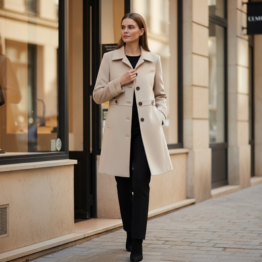 Women's Wool Blend Winter Coat – Mid Length Lapel Collar