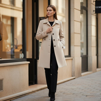 Women's Wool Blend Winter Coat – Mid Length Lapel Collar