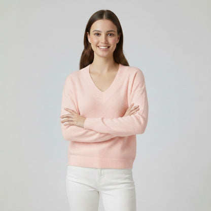 Women's Fine Knit V Neck Jumper – Relaxed Fluid Drape
