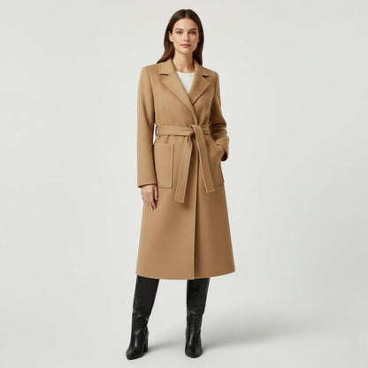 Women's Long Wool Blend Coat – Lace Belt at the Waist