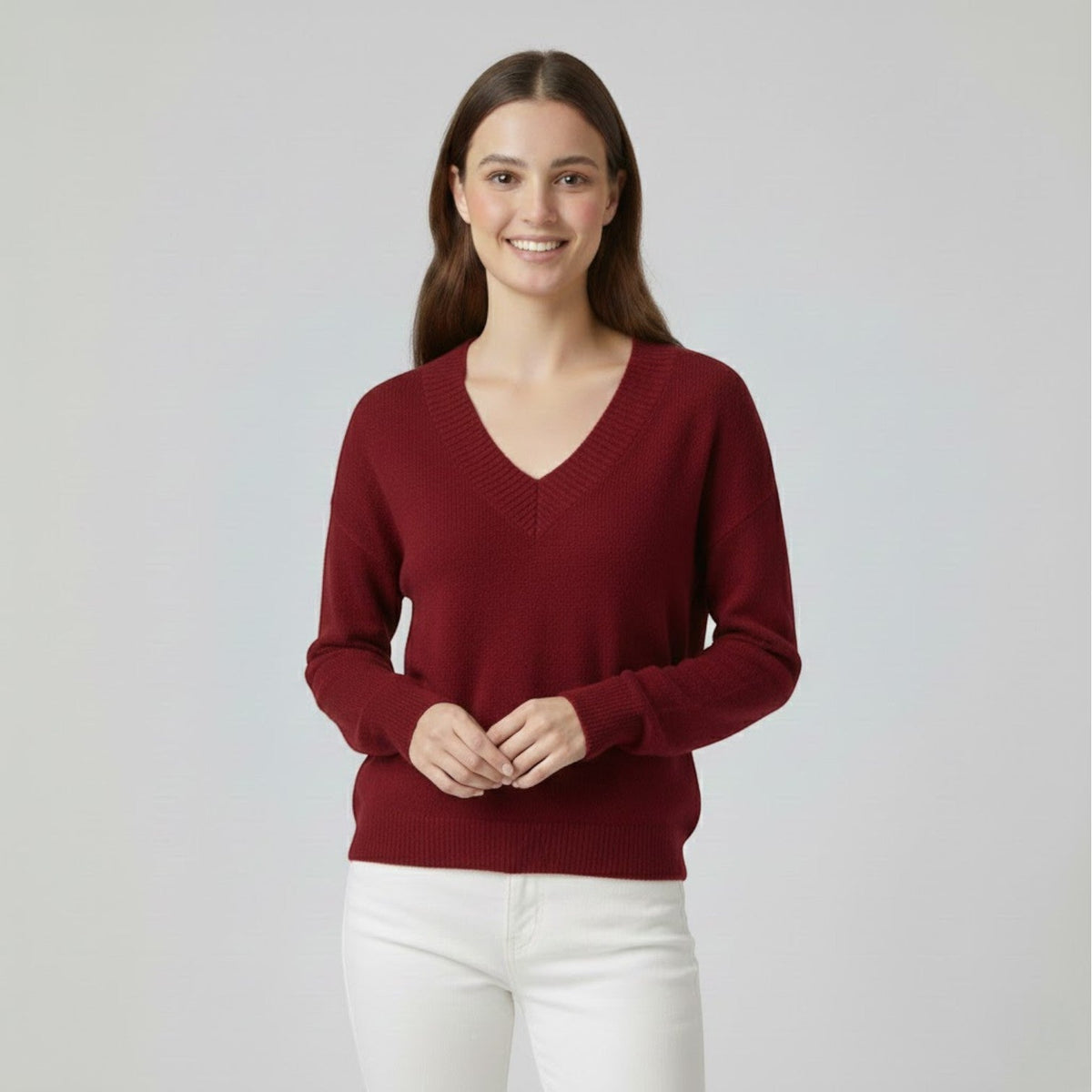 Women's Fine Knit V Neck Jumper – Relaxed Fluid Drape