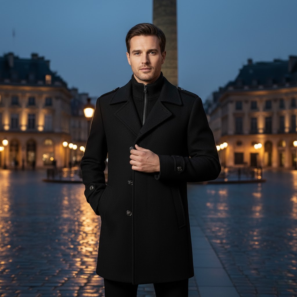 Men's Mid-Length Wool Coat – Double Collar, Quilted Lining