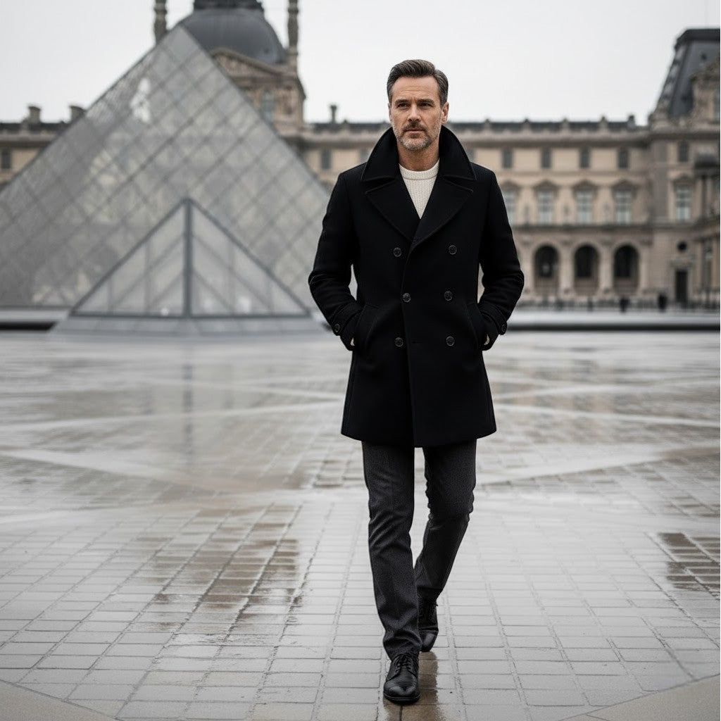 Men's Double Breasted Wool Coat – Long Lapel Silhouette