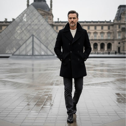 Men's Double Breasted Wool Coat – Long Lapel Silhouette