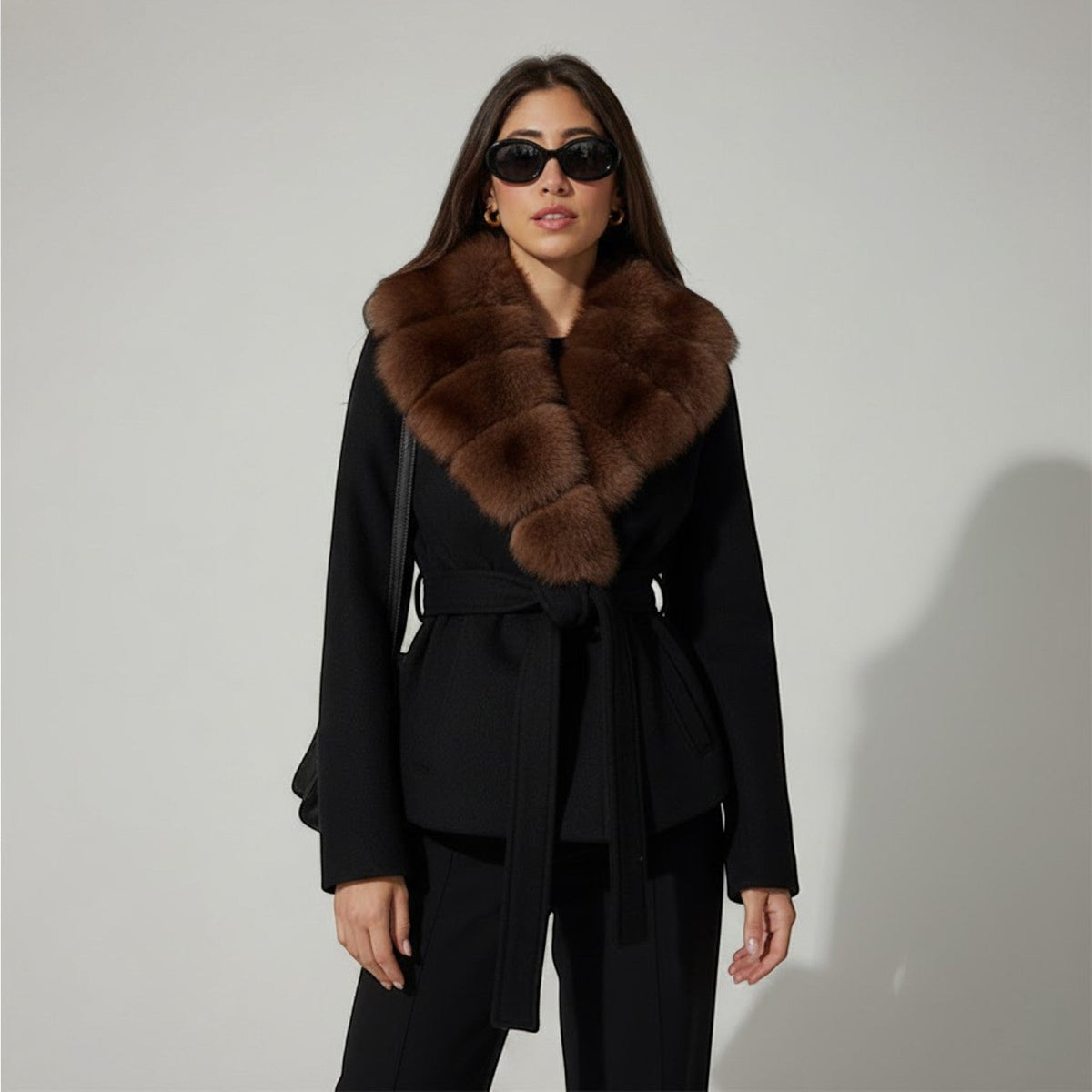 Women's Belted Winter Coat – Faux Fur Collar, Fitted Waist