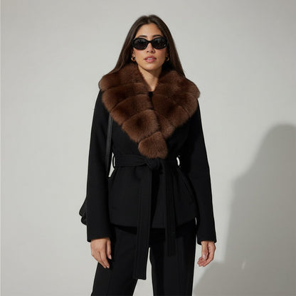 Women's Belted Winter Coat – Faux Fur Collar, Fitted Waist