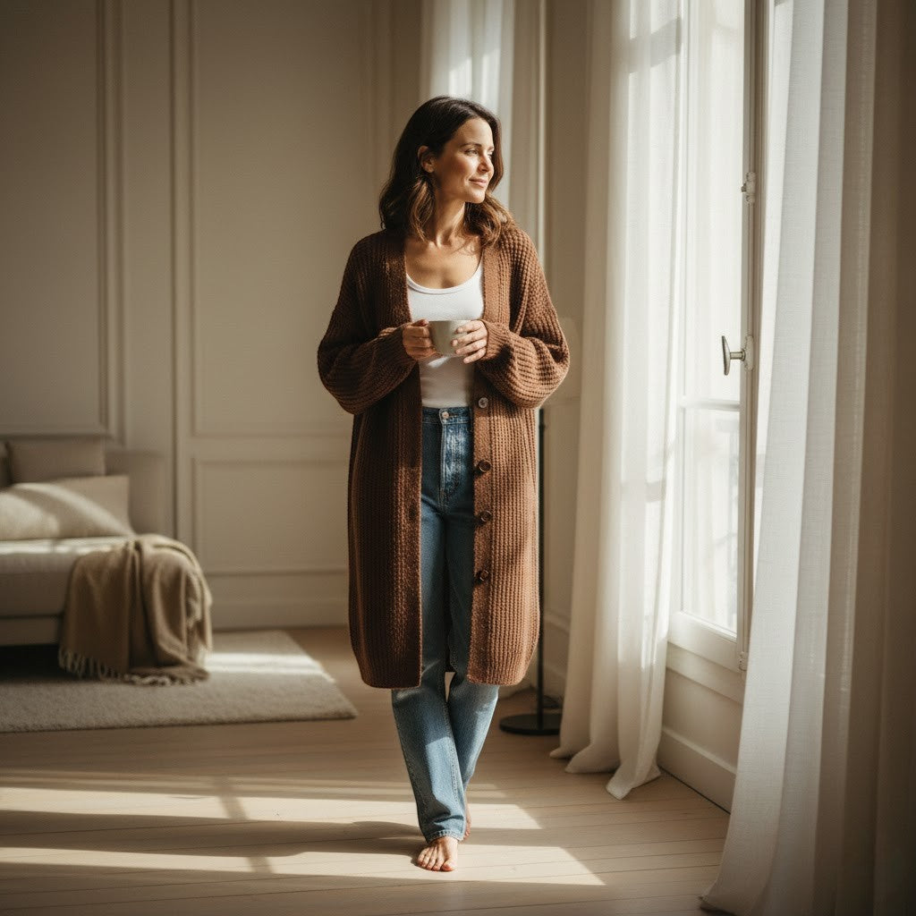 Women's Longline Knitted Cardigan – Open Front Mid Calf