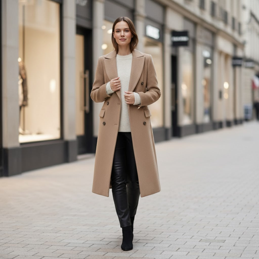 Women's Wool Blend Coat – Double Breasted Notched Lapels