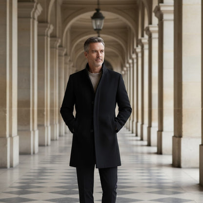 Men's Long Wool Blend Coat – Trench Collar Slim Line