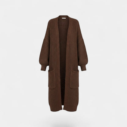 Women's Longline Knitted Cardigan – Open Front Mid Calf