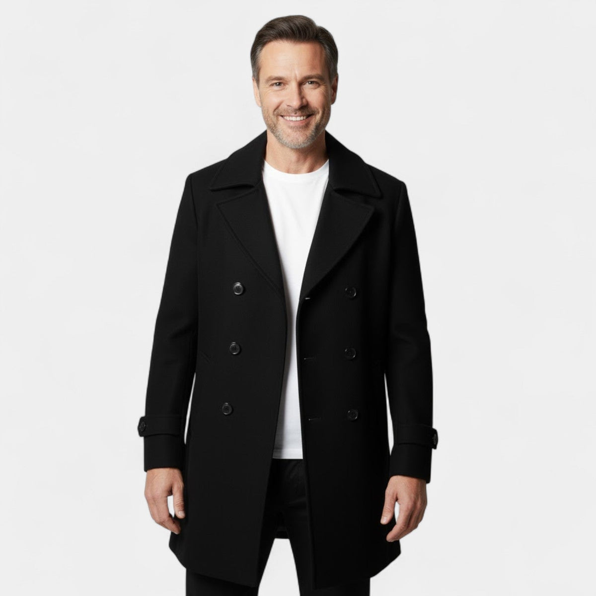 Men's Double Breasted Wool Coat – Long Lapel Silhouette