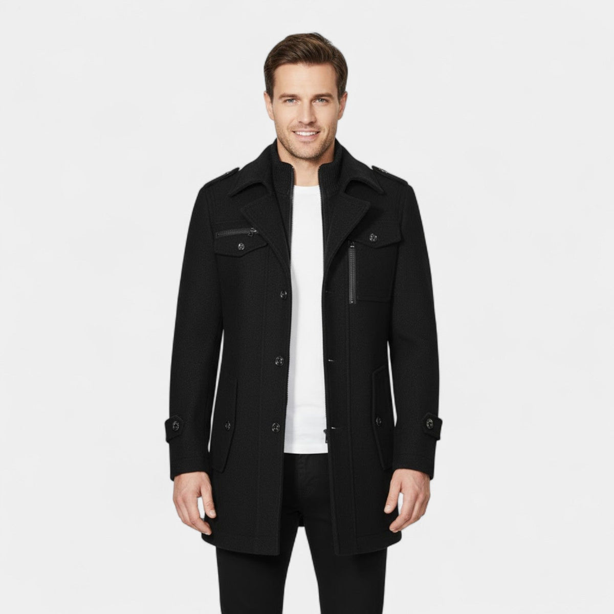 Men's Mid-Length Wool Coat – Double Collar, Quilted Lining