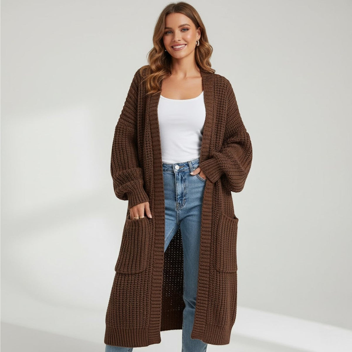 Women's Longline Knitted Cardigan – Open Front Mid Calf