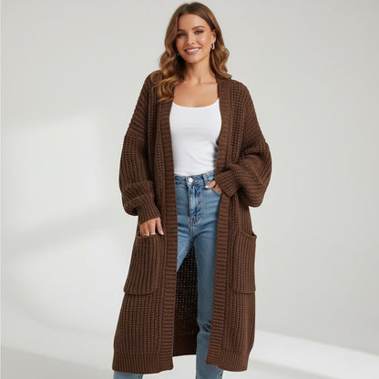 Women's Longline Knitted Cardigan – Open Front Mid Calf
