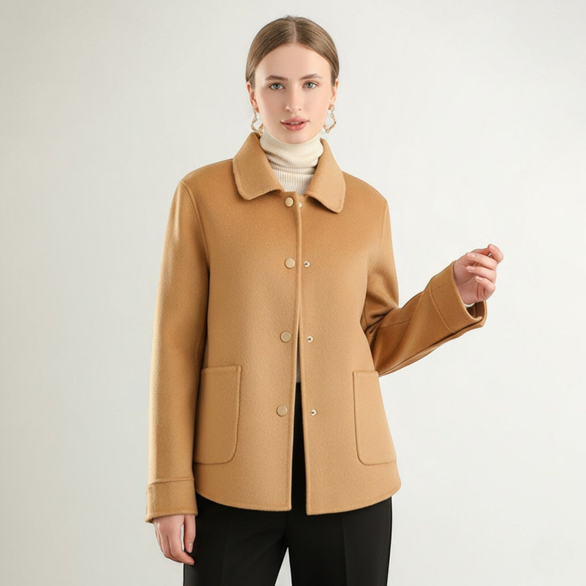 Women's Wool Winter Coat – Wide Polo Collar, Fitted Cut