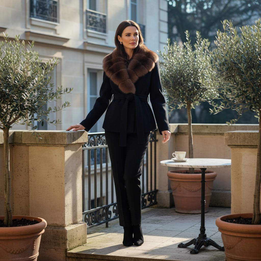 Women's Belted Winter Coat – Faux Fur Collar, Fitted Waist