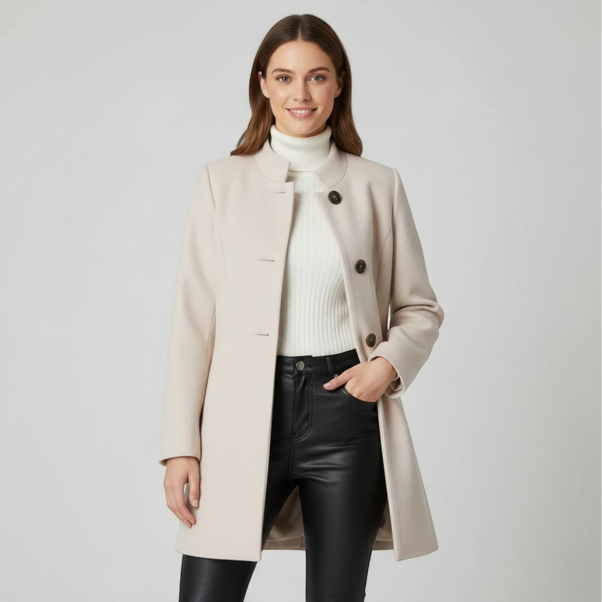 Women's Long Jacket – Blended Fabric with Button Front