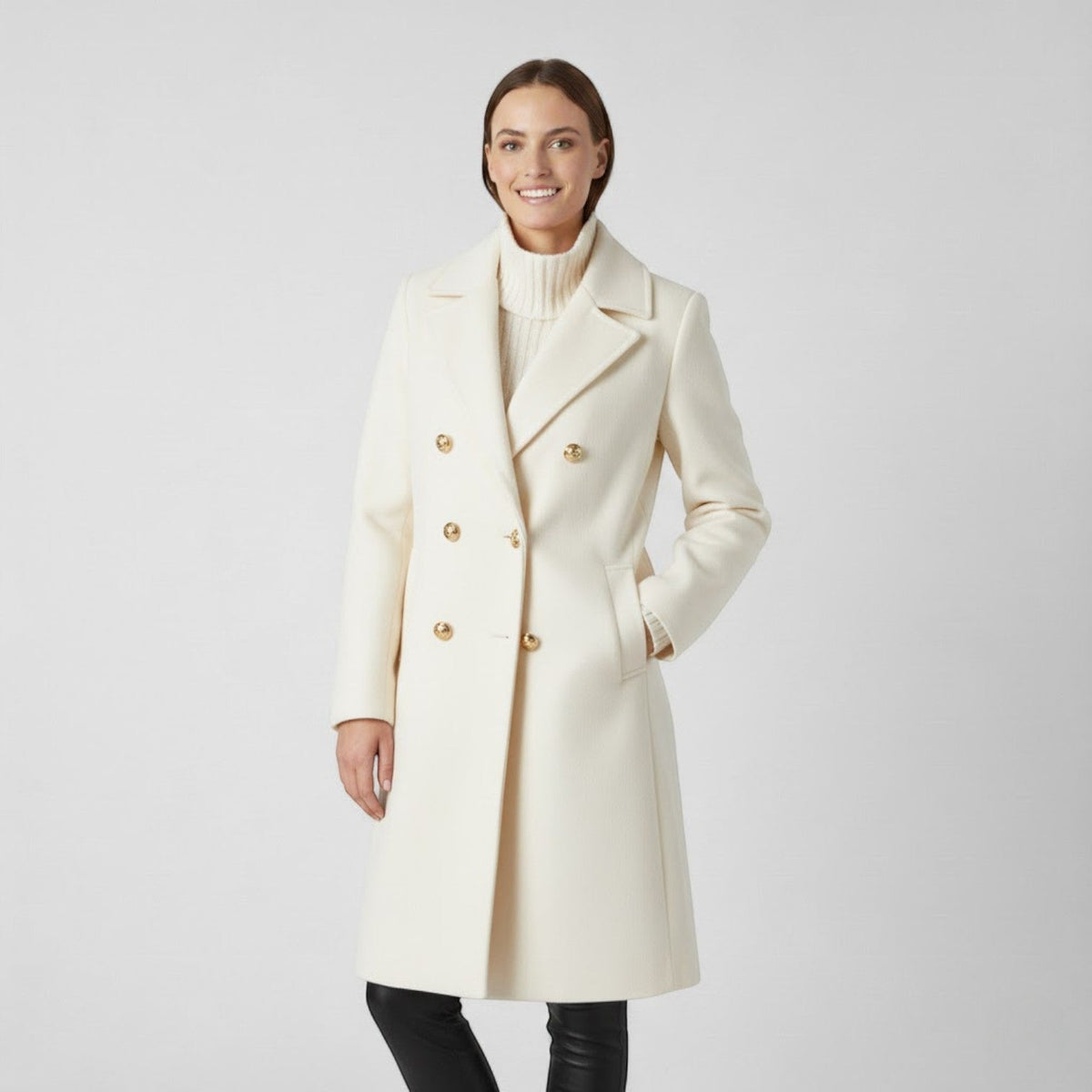 Women's Long Tweed Coat – Double Breasted with Buckle