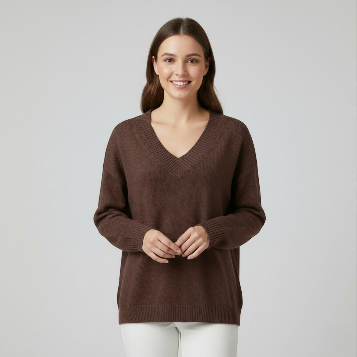 Women's Fine Knit V Neck Jumper – Relaxed Fluid Drape